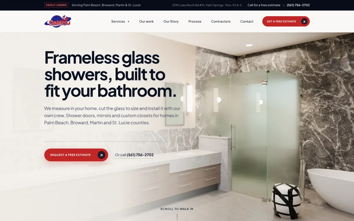 Galaxy Glass homepage hero: a frosted frameless shower in a marble bathroom beside the headline