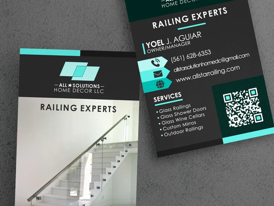 All Star Solutions railing business cards with a photo of a glass stair railing