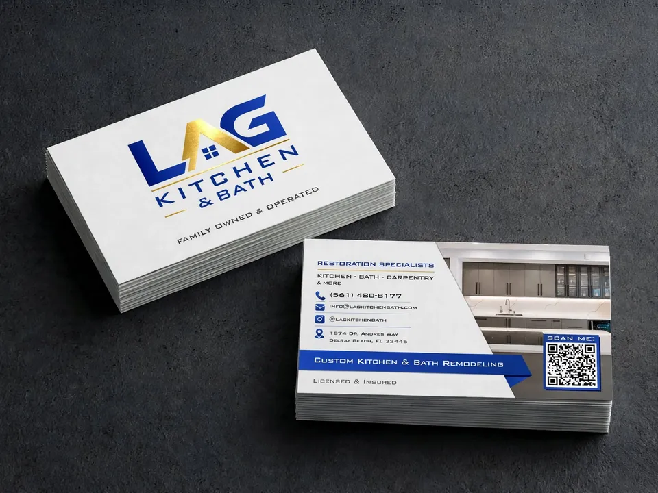 A stack of LAG Kitchen & Bath business cards with a gold Florida logo