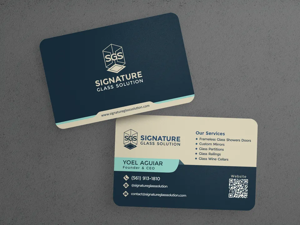 Signature Glass Solution business cards, navy front and cream back with a QR code