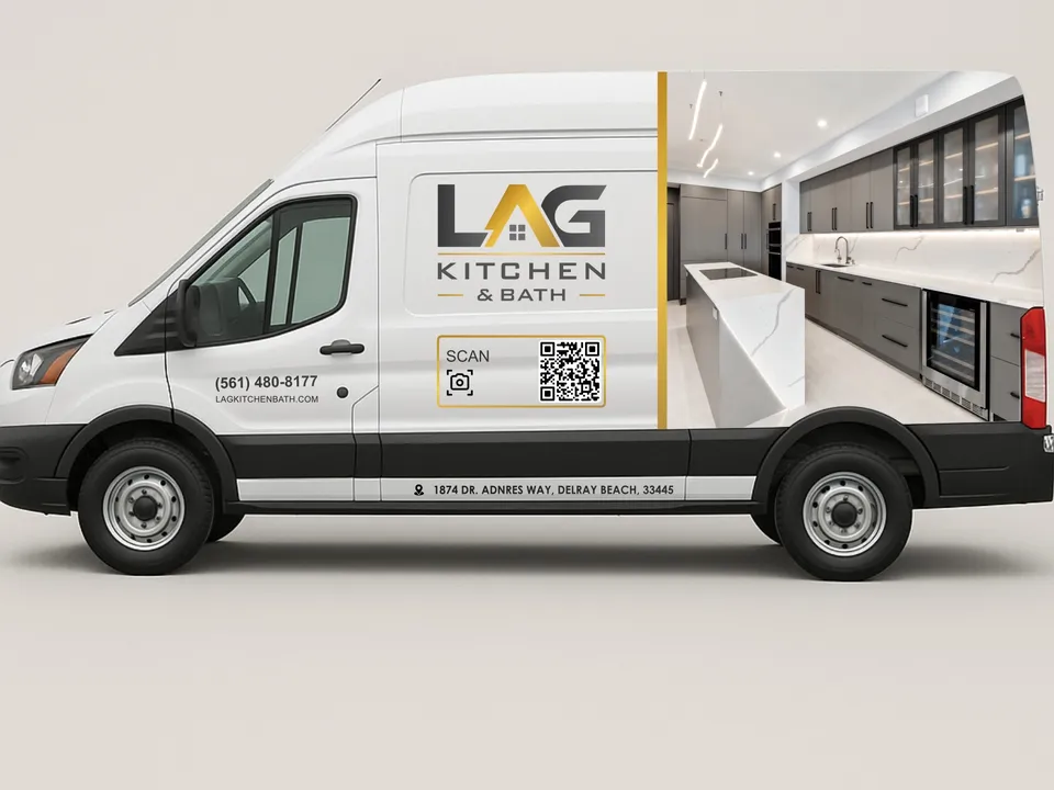 White work van wrapped with the LAG Kitchen & Bath logo, phone and a QR code