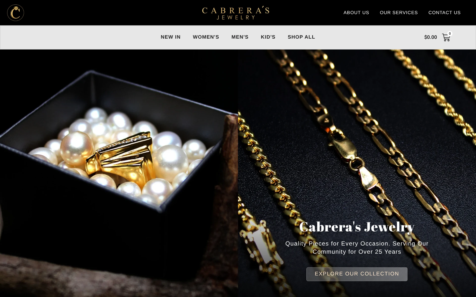 Cabrera's Jewelry homepage with the collection navigation and cart