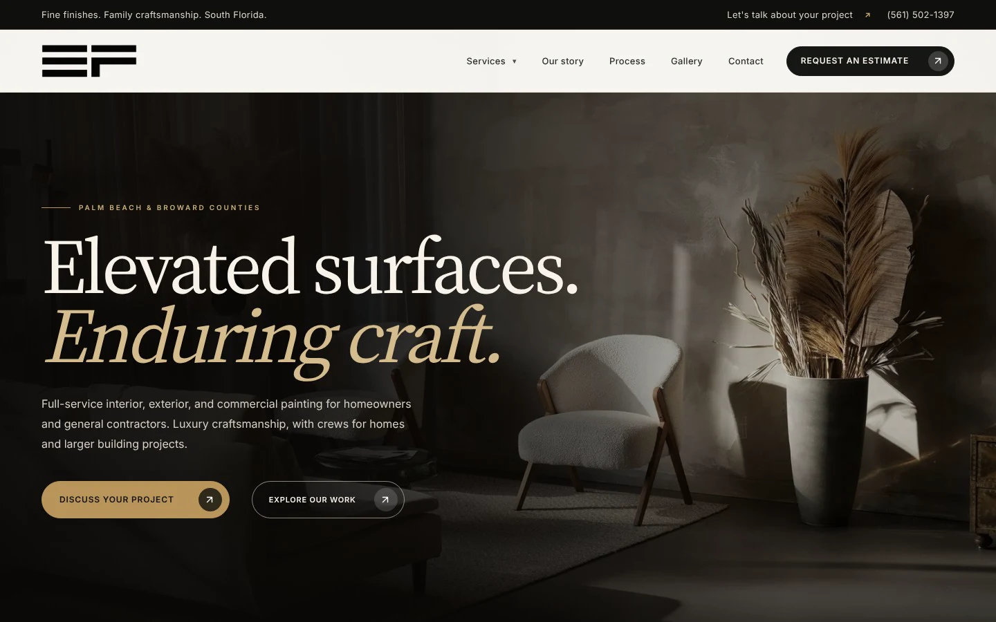 Elevated Finishes homepage: an editorial painting company site