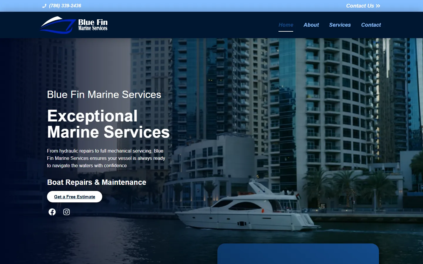 Blue Fin Marine Services homepage: a yacht on the water below city towers, with a free estimate button